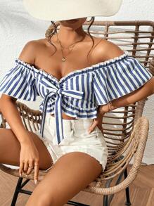 SHEIN LUNE Striped Off Shoulder Knot Front Frill Trim Crop Blouse - Blue and White - View 2