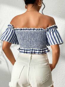 SHEIN LUNE Striped Off Shoulder Knot Front Frill Trim Crop Blouse - Blue and White - View 3