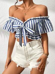 SHEIN LUNE Striped Off Shoulder Knot Front Frill Trim Crop Blouse - Blue and White - View 5