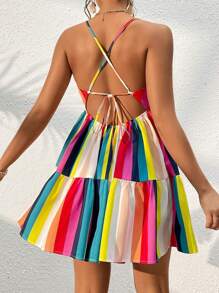 SHEIN VCAY Rainbow Striped Print Lace Up Tie Backless Ruffle Hem Cami Dress - Multicolor - View 1