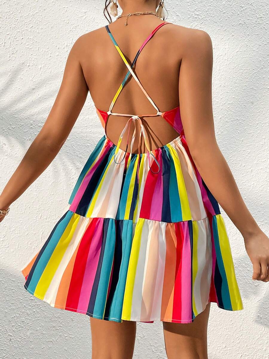 SHEIN VCAY Rainbow Striped Print Lace Up Tie Backless Ruffle Hem Cami Dress - Multicolor - View 1