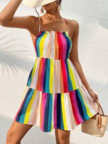 SHEIN VCAY Rainbow Striped Print Lace Up Tie Backless Ruffle Hem Cami Dress - Multicolor - View 6