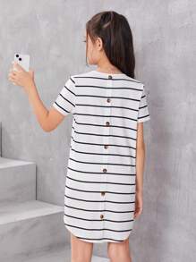 SHEIN Girls Striped Button Back Curved Hem Tee Dress - Black and White - View 1