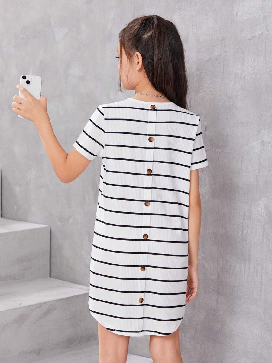 SHEIN Girls Striped Button Back Curved Hem Tee Dress - Black and White - View 1