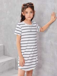 SHEIN Girls Striped Button Back Curved Hem Tee Dress - Black and White - View 2