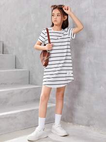 SHEIN Girls Striped Button Back Curved Hem Tee Dress - Black and White - View 4