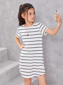 SHEIN Girls Striped Button Back Curved Hem Tee Dress - Black and White - View 6