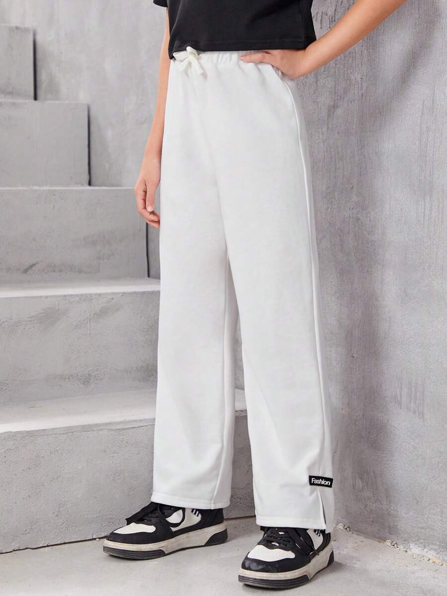 SHEIN Cô gái Tween Chi tiết Patched thư Nút phía trước Quần thể thao - trắng - Xem 1