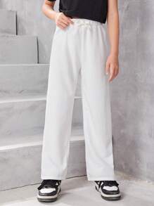 SHEIN Cô gái Tween Chi tiết Patched thư Nút phía trước Quần thể thao - trắng - Xem 3