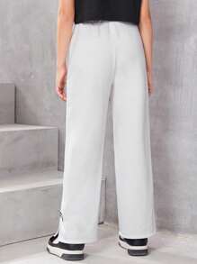 SHEIN Cô gái Tween Chi tiết Patched thư Nút phía trước Quần thể thao - trắng - Xem 5