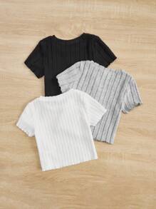 SHEIN 3pcs Young Girls' Knitted Solid Color T-Shirt Set - Multicolor - View 2