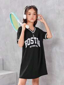 SHEIN Girls Letter Graphic Striped Trim Drop Shoulder Tee Dress - Black - View 1