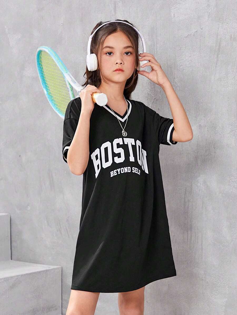 SHEIN Girls Letter Graphic Striped Trim Drop Shoulder Tee Dress - Black - View 1