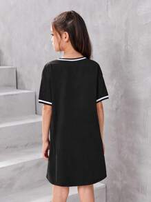 SHEIN Girls Letter Graphic Striped Trim Drop Shoulder Tee Dress - Black - View 2