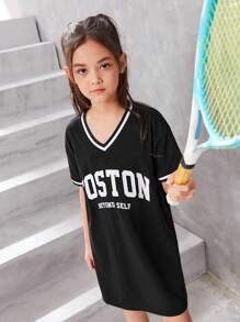 SHEIN Girls Letter Graphic Striped Trim Drop Shoulder Tee Dress - Black - View 3