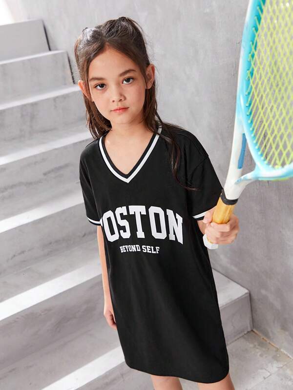 SHEIN Kids KDOMO Fille Robe TShirt À Lettres À Ourlet À Rayures Mode