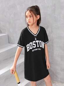 SHEIN Girls Letter Graphic Striped Trim Drop Shoulder Tee Dress - Black - View 4