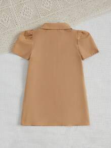 SHEIN 小女童泡泡袖褶皺細節襯衫連衣裙 - 駝色 - 查看 2