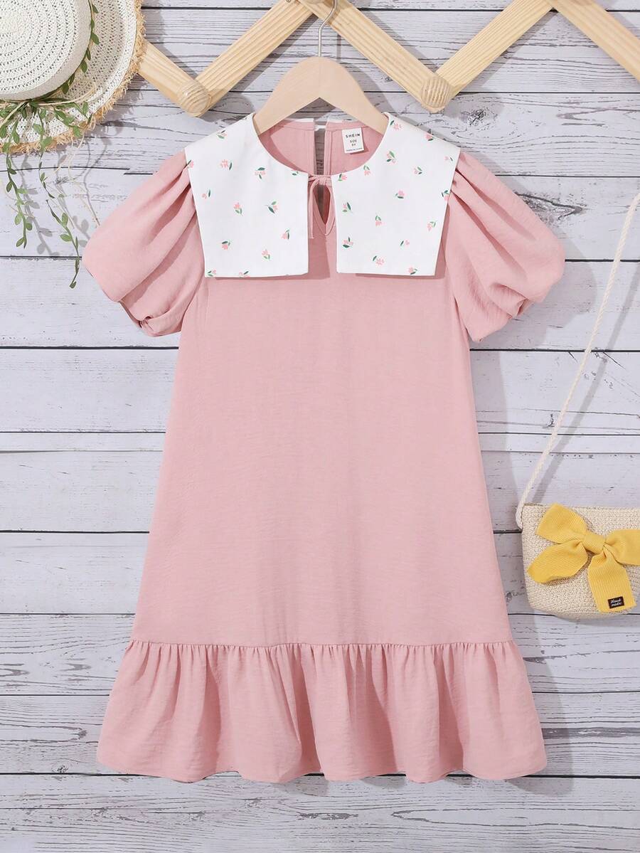 SHEIN 女孩碎花水手領荷葉邊洋裝 - 淺粉色 - 查看 1