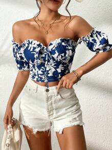 SHEIN VCAY 印花一字肩褶邊前打結T恤 - 藍白色 - 查看 5