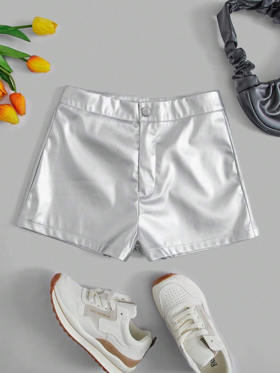 SHEIN Clasi Solid PU Leather Shorts - Silver - View 1