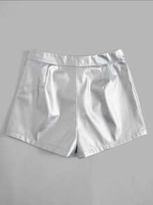 SHEIN Clasi Solid PU Leather Shorts - Silver - View 2