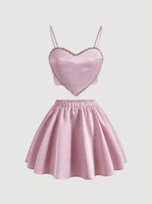 SHEIN MOD Bộ đồ hai mảnh nữ Bất đối xứng Pha lê kim cương Dây kéo màu trơn Thanh lịch - Màu Hồng baby - Xem 1
