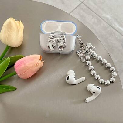 蝴蝶结元素可爱合金TPU透明蓝牙耳机保护套1套，高品质礼物，送给爱人和姐妹，3D蝴蝶结TPU保护壳和可爱耳机链，全包式耳机保护套，兼容苹果1/2/3/Pro/Pro2，生日、周年纪念、婚礼、派对、春季礼物