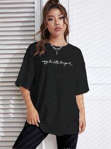 SHEIN EZwear 標語圖案落肩T恤和騎行褲 - 黑色 - 查看 3