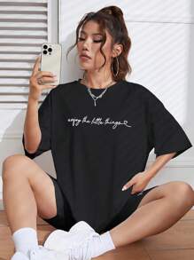 SHEIN EZwear 標語圖案落肩T恤和騎行褲 - 黑色 - 查看 4