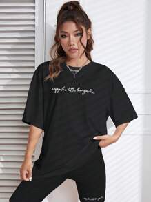 SHEIN EZwear 標語圖案落肩T恤和騎行褲 - 黑色 - 查看 5