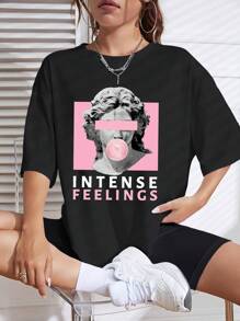 SHEIN EZwear 雕塑和字母圖案落肩T恤和騎行褲 - 黑色 - 查看 1