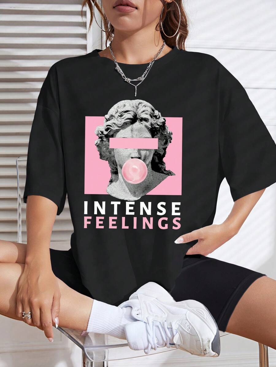 SHEIN EZwear 雕塑和字母圖案落肩T恤和騎行褲 - 黑色 - 查看 1