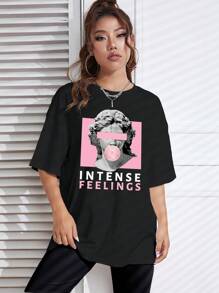 SHEIN EZwear 雕塑和字母圖案落肩T恤和騎行褲 - 黑色 - 查看 3
