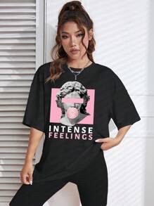 SHEIN EZwear 雕塑和字母圖案落肩T恤和騎行褲 - 黑色 - 查看 5