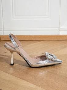 女士魅力银色高跟鞋，金属蛇纹压花水钻装饰尖头细高跟露跟鞋，情人节、优雅、派对必备 - 銀色 - 查看 4