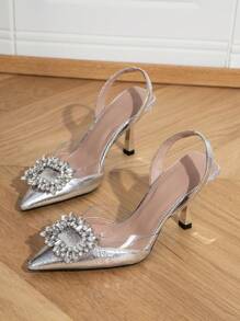 女士魅力银色高跟鞋，金属蛇纹压花水钻装饰尖头细高跟露跟鞋，情人节、优雅、派对必备 - 銀色 - 查看 5