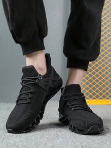 運動黑色跑步鞋適用於男士貼布裝飾繫帶運動鞋