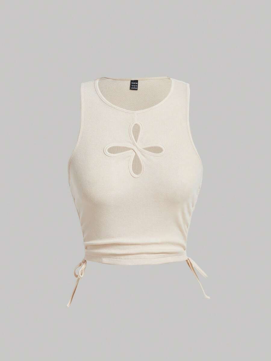 SHEIN MOD Cut Out Drawstring Side Crop Tank Top - Apricot - View 1