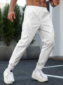 Manfinity Homme Loose Fit Men's Cargo Pants With Flap Pockets, Drawstring Waist And Side Pockets - White - View 2