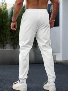 Manfinity Homme Loose Fit Men's Cargo Pants With Flap Pockets, Drawstring Waist And Side Pockets - White - View 3