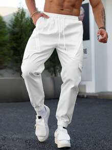 Manfinity Homme Loose Fit Men's Cargo Pants With Flap Pockets, Drawstring Waist And Side Pockets - White - View 1
