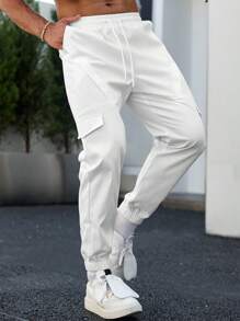 Manfinity Homme Loose Fit Men's Cargo Pants With Flap Pockets, Drawstring Waist And Side Pockets - White - View 4