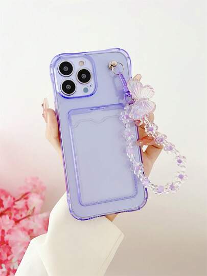 Purple Anti-Drop Card Holder Phone Case With Butterfly & Flower Lanyard, Compatible With Apple 16 Pro Max/16 Plus/16/16e/16PRO, S25/S25PIUS/S25 Ultra, Android A16/A36 5G Waterproof Shockproof Scratch Resistant