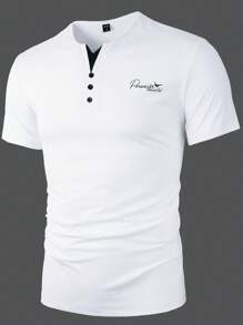 Manfinity Homme 男士短袖亨利休闲T恤夏季爸爸装涤纶T恤 - 白色 - 查看 1