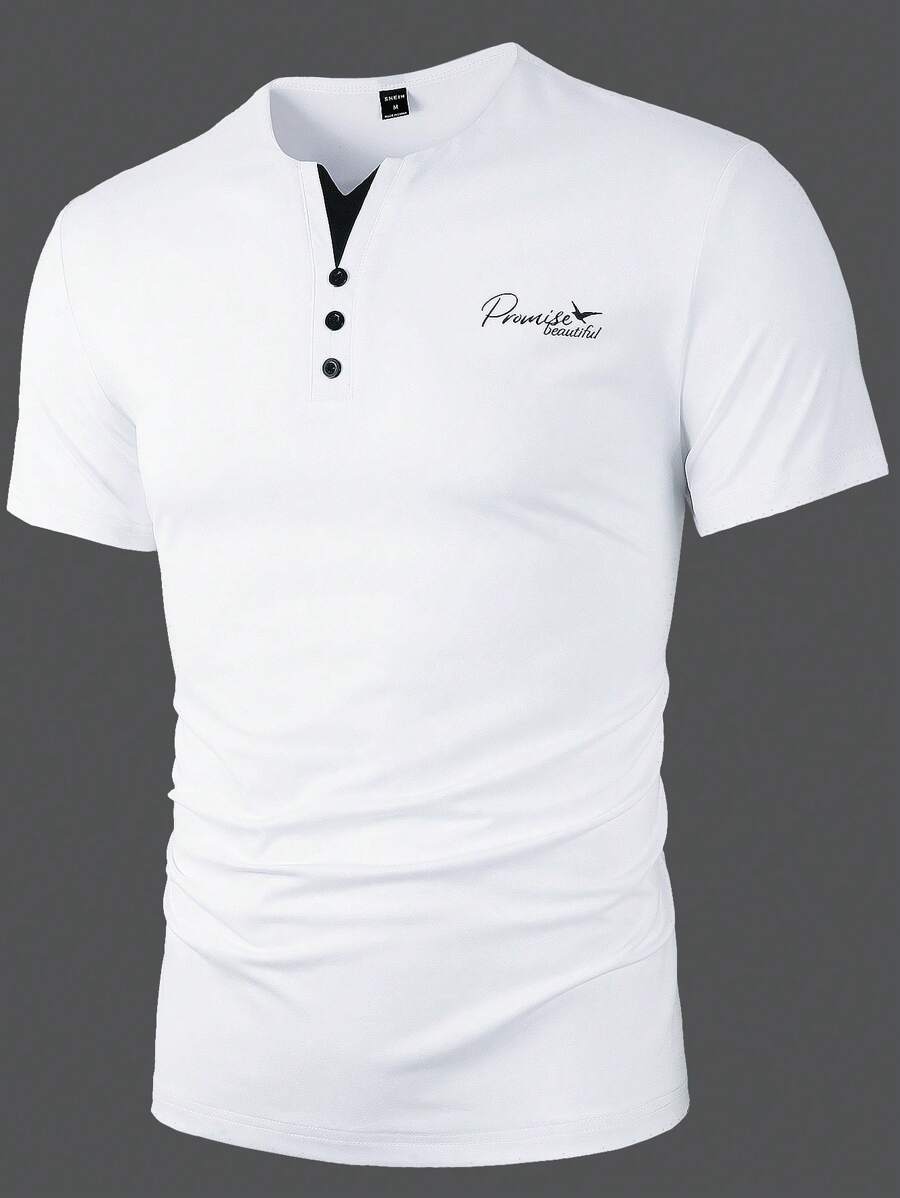 Manfinity Homme 男士短袖亨利休闲T恤夏季爸爸装涤纶T恤 - 白色 - 查看 1