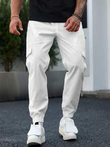 Manfinity Homme Loose Fit Men's Cargo Pants With Flap Pockets, Drawstring Waist And Side Pockets - White - View 7