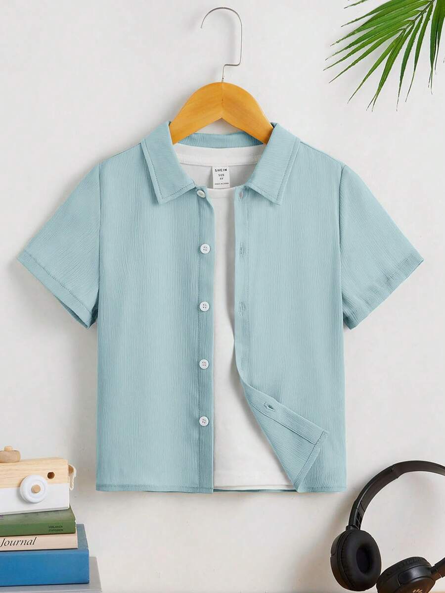 SHEIN Áo sơ mi bé trai Nút phía trước màu trơn Giải trí - Màu xanh nhạt - Xem 1