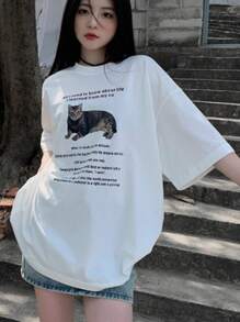 Slogan & Cat Print Drop Shoulder Tee - White - View 1