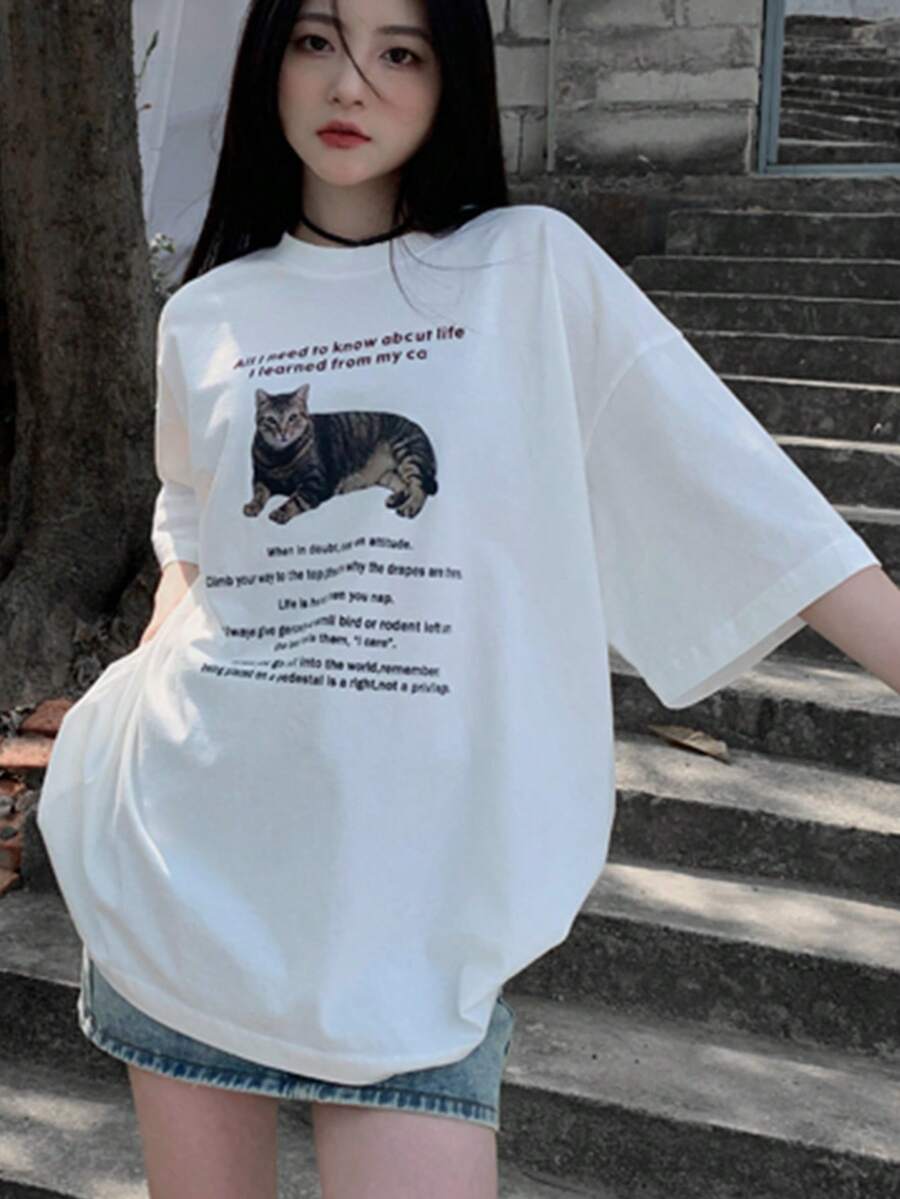 Slogan & Cat Print Drop Shoulder Tee - White - View 1